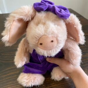 VTG Boyds Collection Primrose II Pig Plush Purple Overalls Bow Stuffed‎ Animal